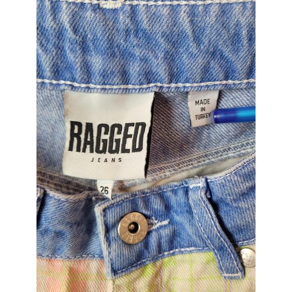 The Ragged Priest Jeans Patchwork Checkered Jeans Lime Green Salmon Blue Sz 26 - Picture 9 of 11